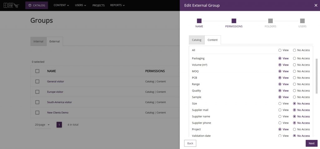 Capture d'écran du catalogue en ligne d'EEXAR sur la fonction de permission